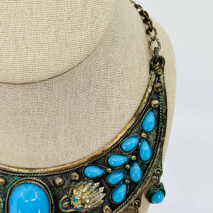 Boho Tribal Folk Art Silver & Turquoise Style Statement Bib Choker Necklace SB2