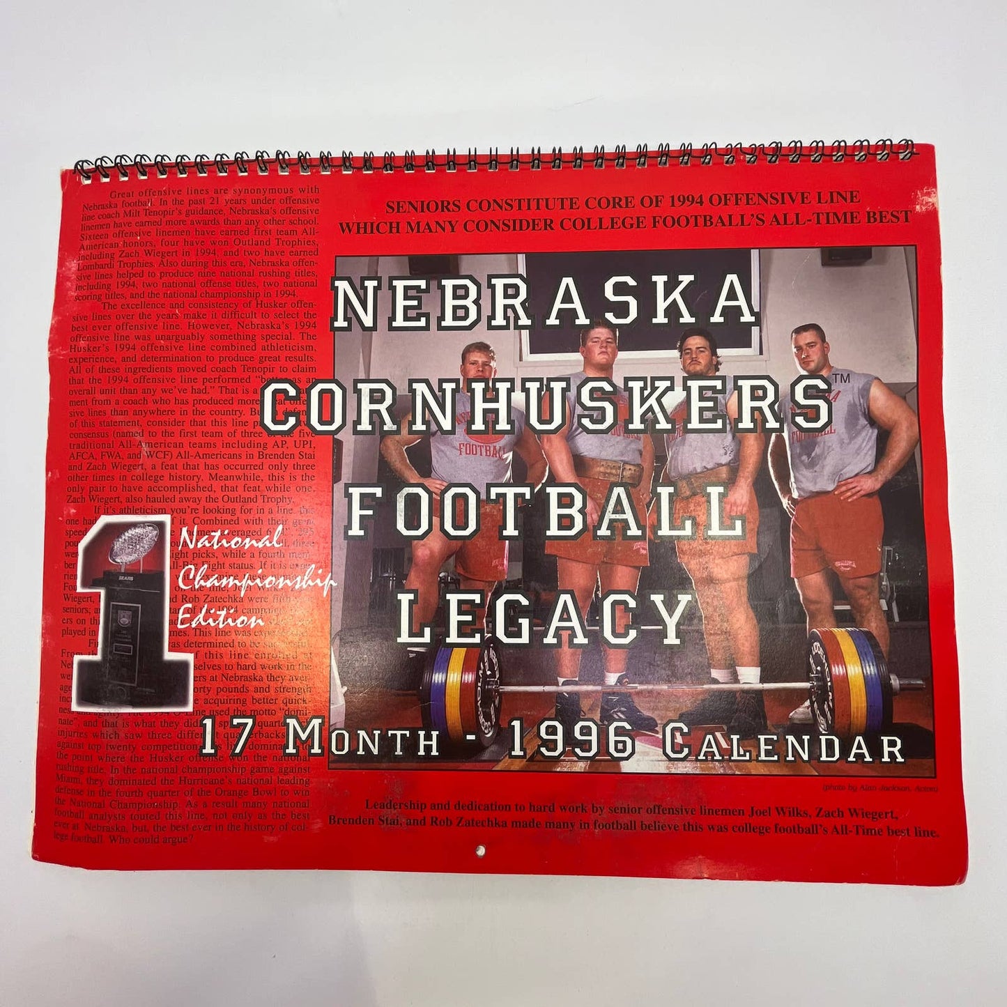 1996 Nebraska Cornhuskers Football Legacy 17 Month Calendar TH3