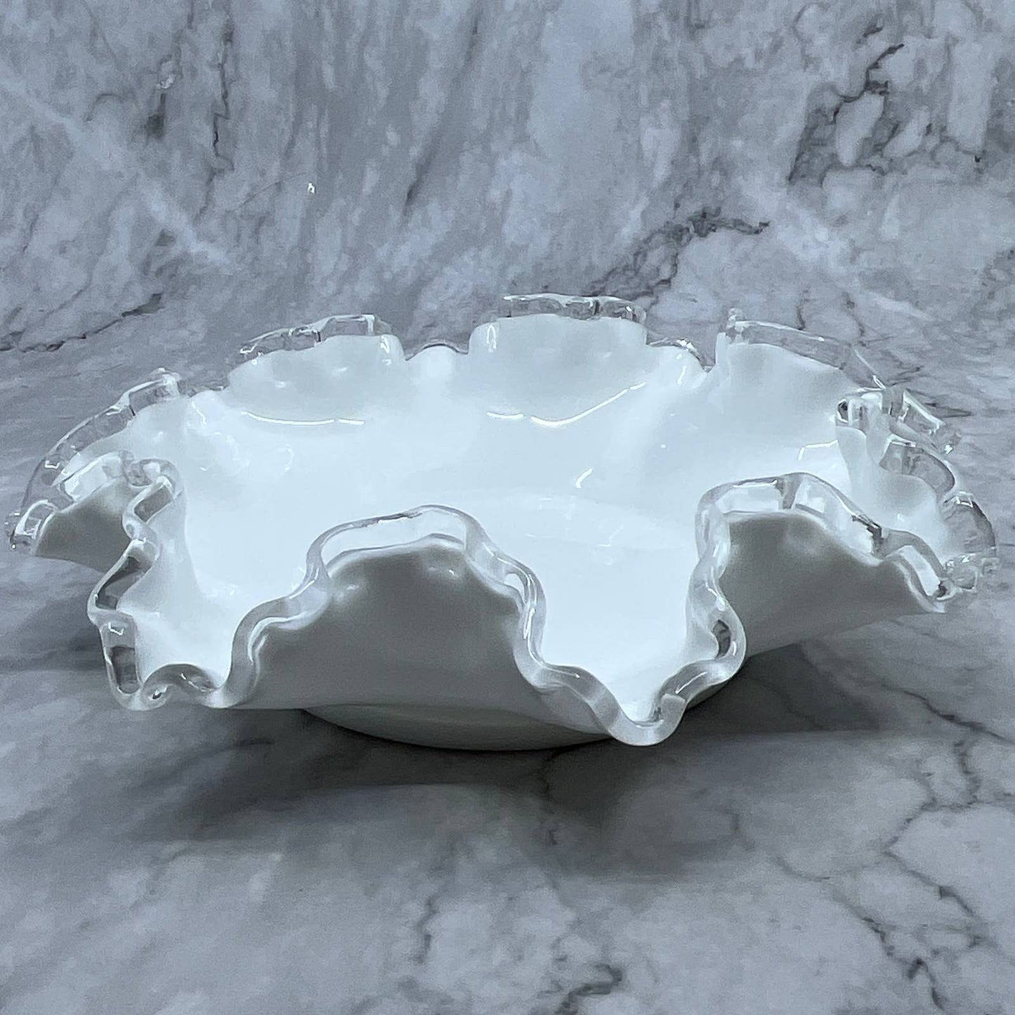 Vintage Fenton Silver Crest White Milk Glass Ruffled Edge Bowl Candy Dish 8" TI7