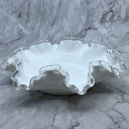 Vintage Fenton Silver Crest White Milk Glass Ruffled Edge Bowl Candy Dish 8" TI7