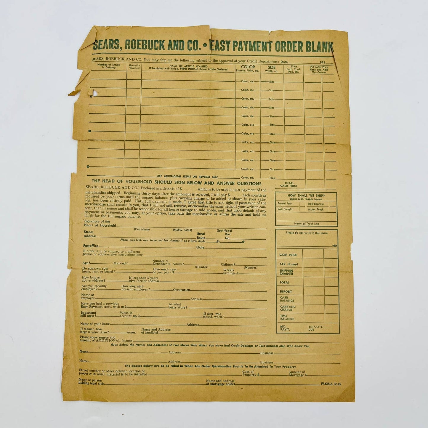 1942 Sears, Roebuck and Co. Order Blank Form D1