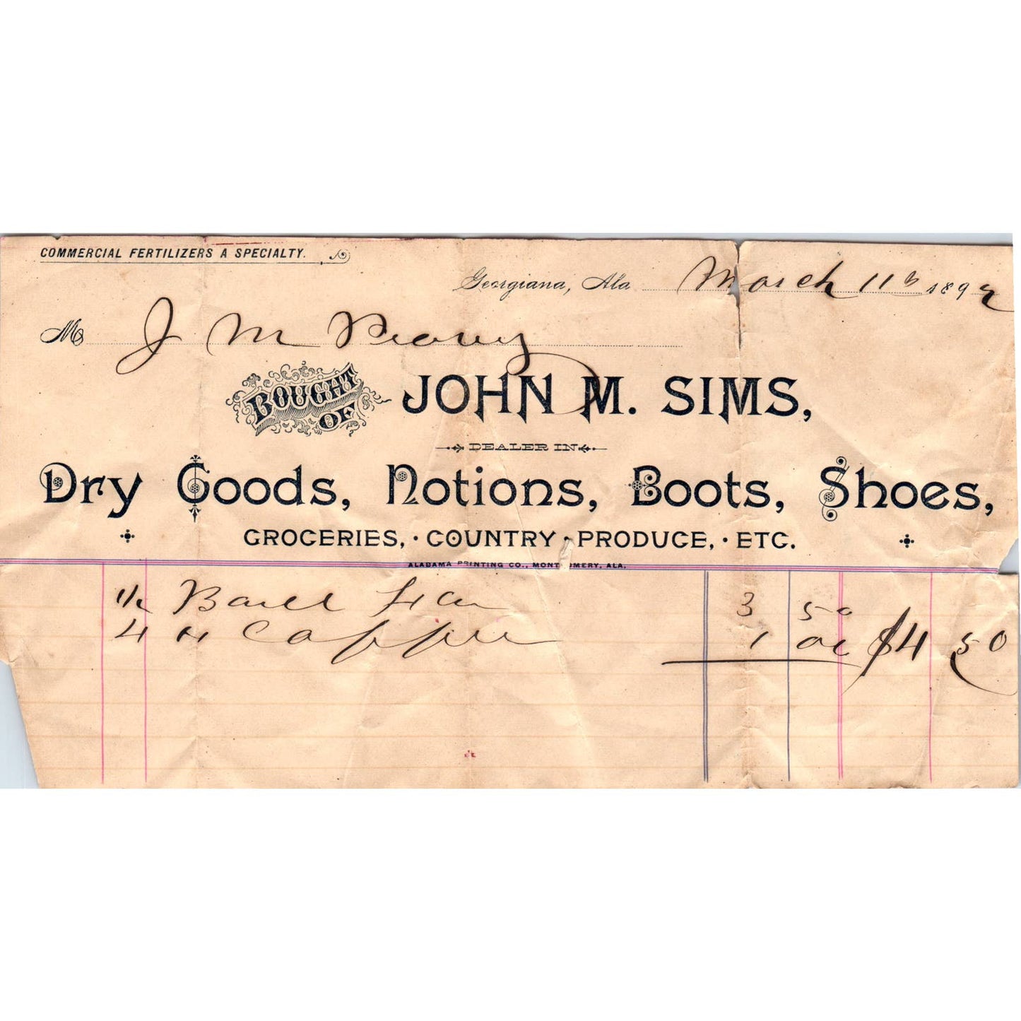 1892 Letterhead Billhead John M. Sims Dry Goods Georgiana AL AD6-4