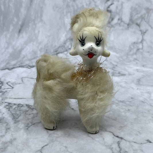 1950s MCM White Poodle Dog Figurine - Blue Glass Eyes and Fur, Japan 3x4 TJ1