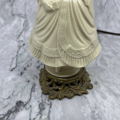 Antique Italian Bisque Porcelain Lamp & Shade Victorian Lady w/ Hoop Dress WORKS