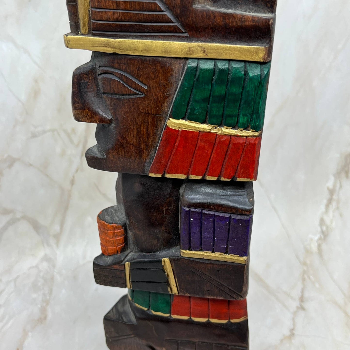 Hand Carved Hand Painted Wooden Aztec Mayan Totem Pole Sculpture 14” TI7