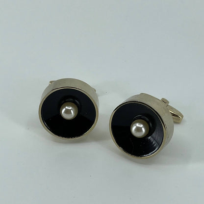 VTG 1950s MCM MOD Sarah Coventry Cufflinks Black Enamel Pearl Gold Tone Round SE7