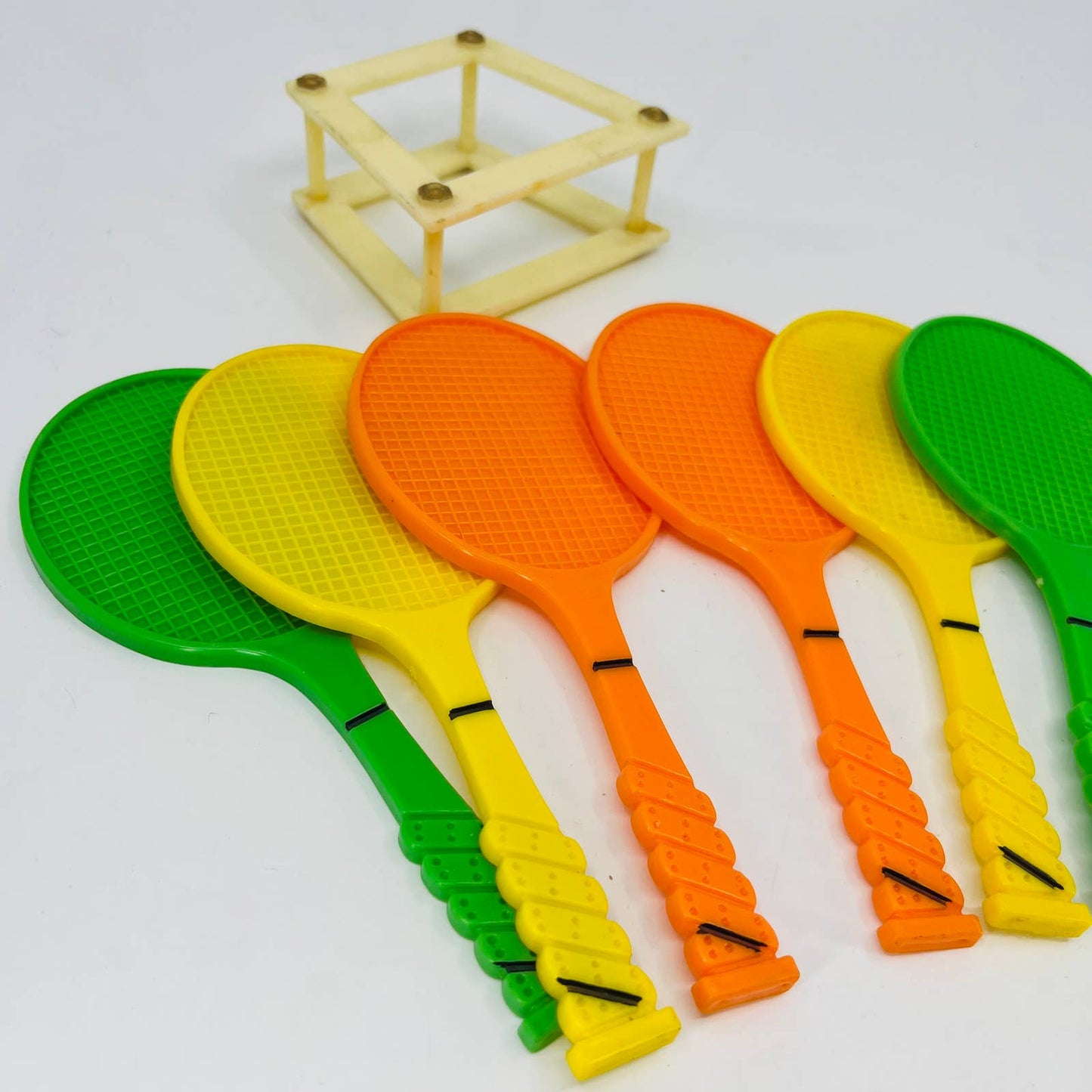 Vintage 1960s 7" Plastic toy tennis racket set of 6 Green Orange Yellow TE1