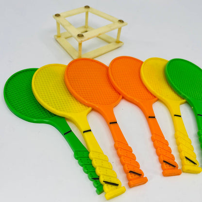 Vintage 1960s 7" Plastic toy tennis racket set of 6 Green Orange Yellow TE1