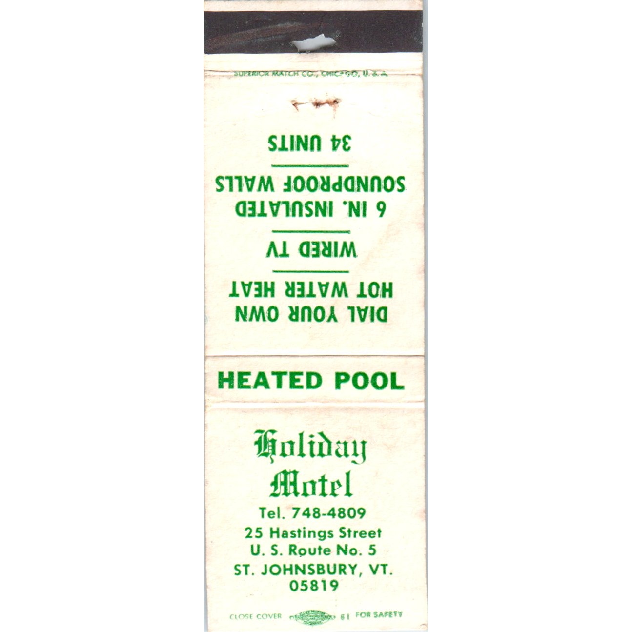 Holiday Motel St. Johnsbury VT Advertising Matchbook Cover MM9-9