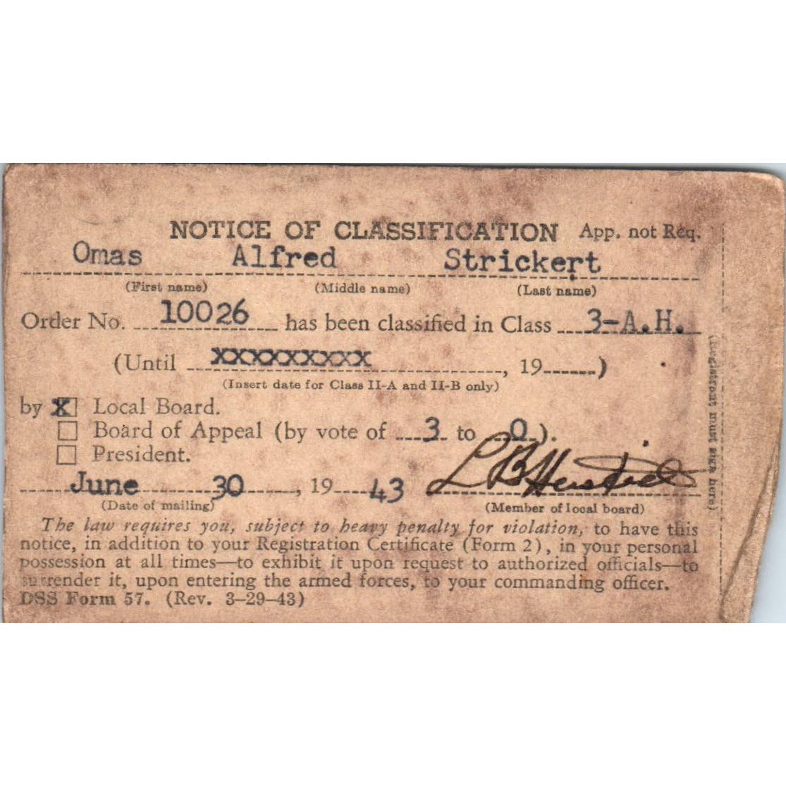 1943 WWII Selective Service Draft Card Liberal KS Omas Alfred Strickert SE4