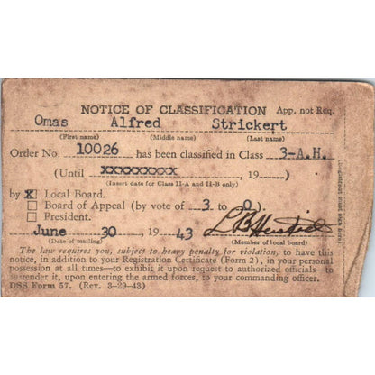 1943 WWII Selective Service Draft Card Liberal KS Omas Alfred Strickert SE4