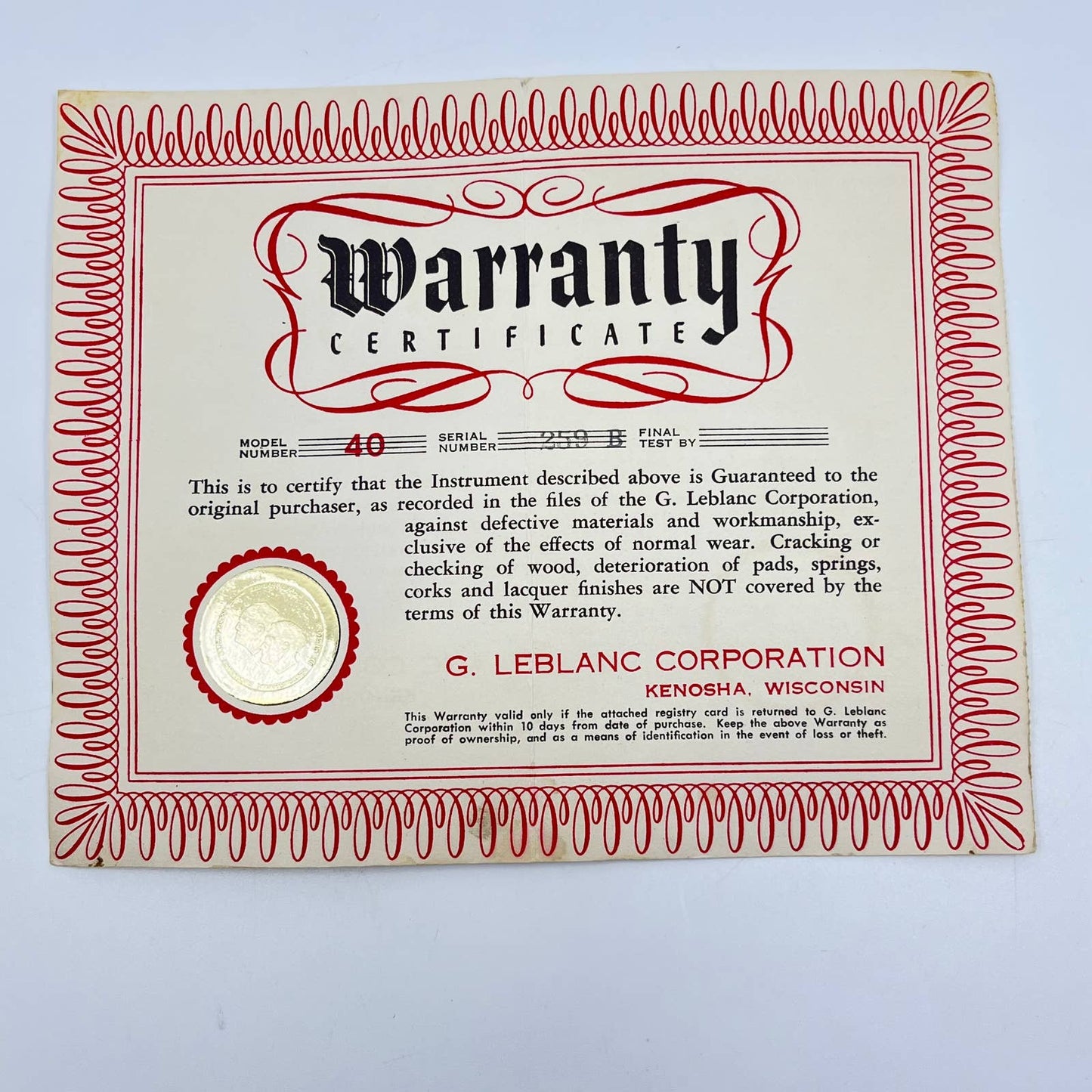 1950s LeBlanc Corporation Noblet Musical Instrument Warranty Card Kenosha WI AB2