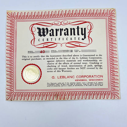 1950s LeBlanc Corporation Noblet Musical Instrument Warranty Card Kenosha WI AB2
