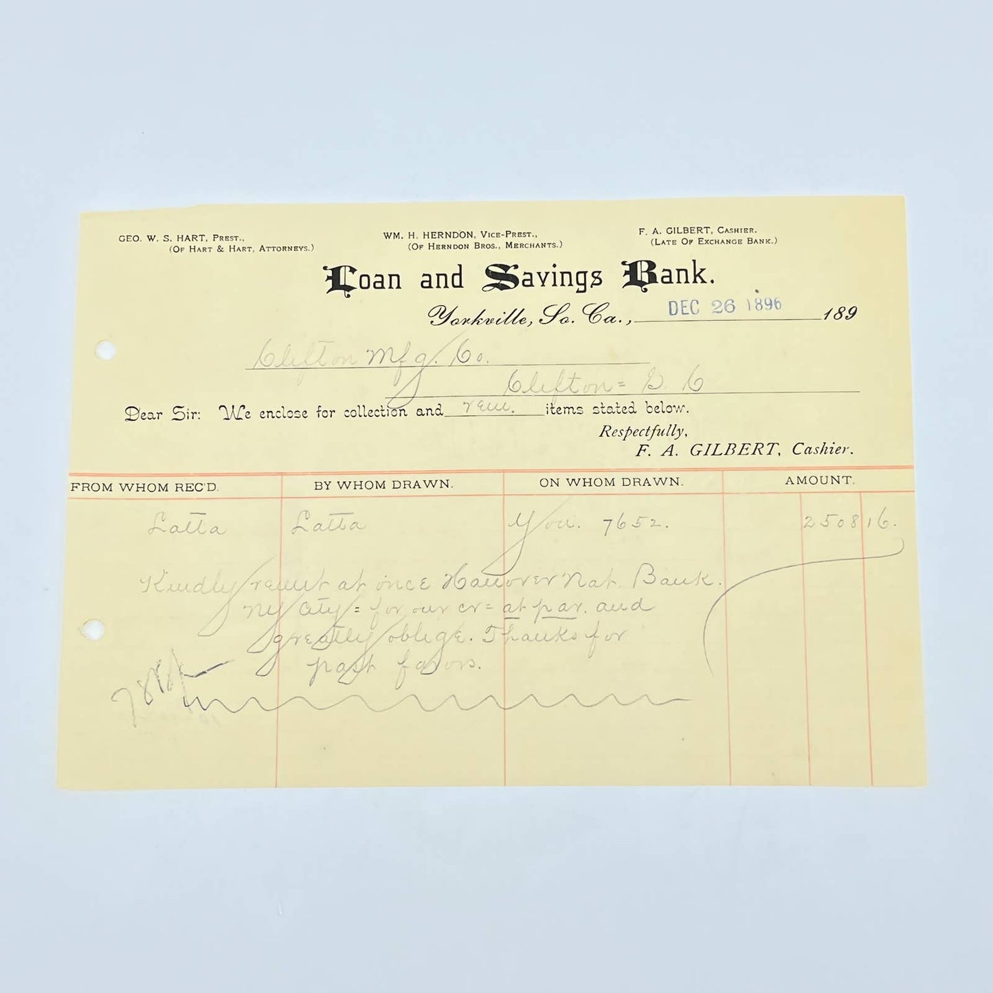 1896 Loan & Savings Bank Letterhead Yorkville SC GEO. W. S. HART AB9