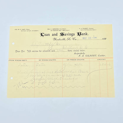 1896 Loan & Savings Bank Letterhead Yorkville SC GEO. W. S. HART AB9