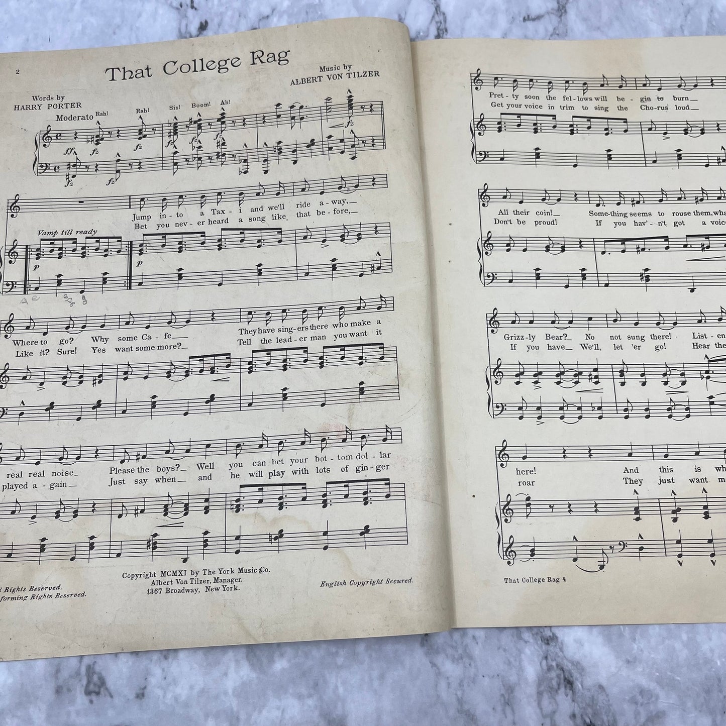 That College Rag - 1911 large sheet music - Ragtime Albert Von Tilzer V42-2