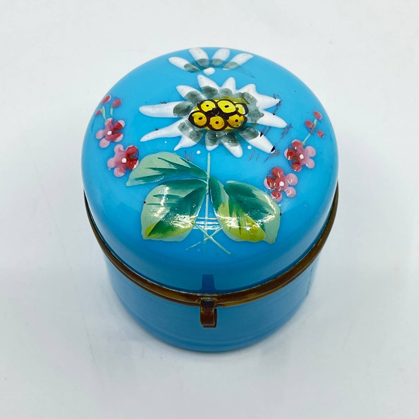 1800s Victorian Blue Bristol Opaline Glass Hand Painted Dresser Box Brass 2” TE6