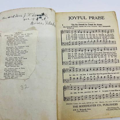 1915 Joyful Praise Sunday School Hymnal Rodeheaver Chicago Philadelphia TD7