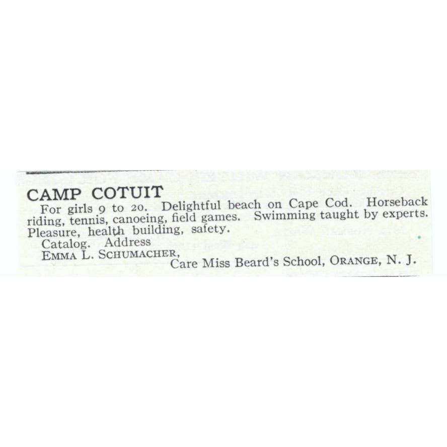 Camp Cotuit Cape Cod Emma L. Schumacher - 1921 Original Ad TJ7-S6