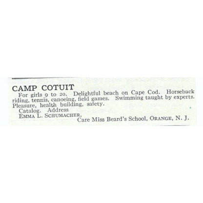 Camp Cotuit Cape Cod Emma L. Schumacher - 1921 Original Ad TJ7-S6