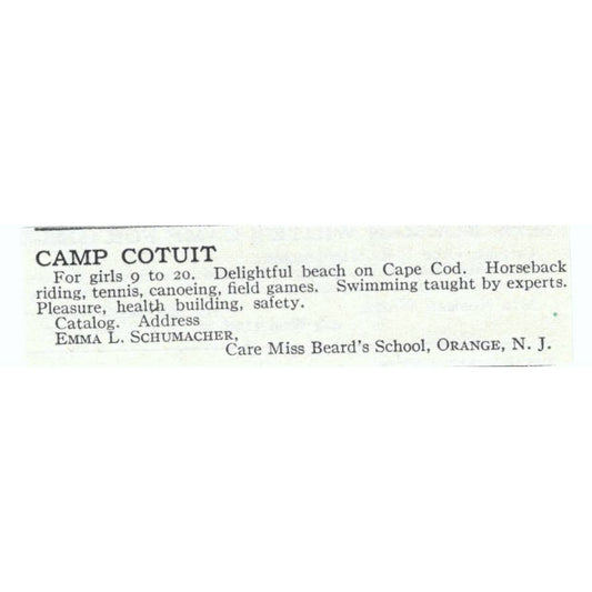 Camp Cotuit Cape Cod Emma L. Schumacher - 1921 Original Ad TJ7-S6