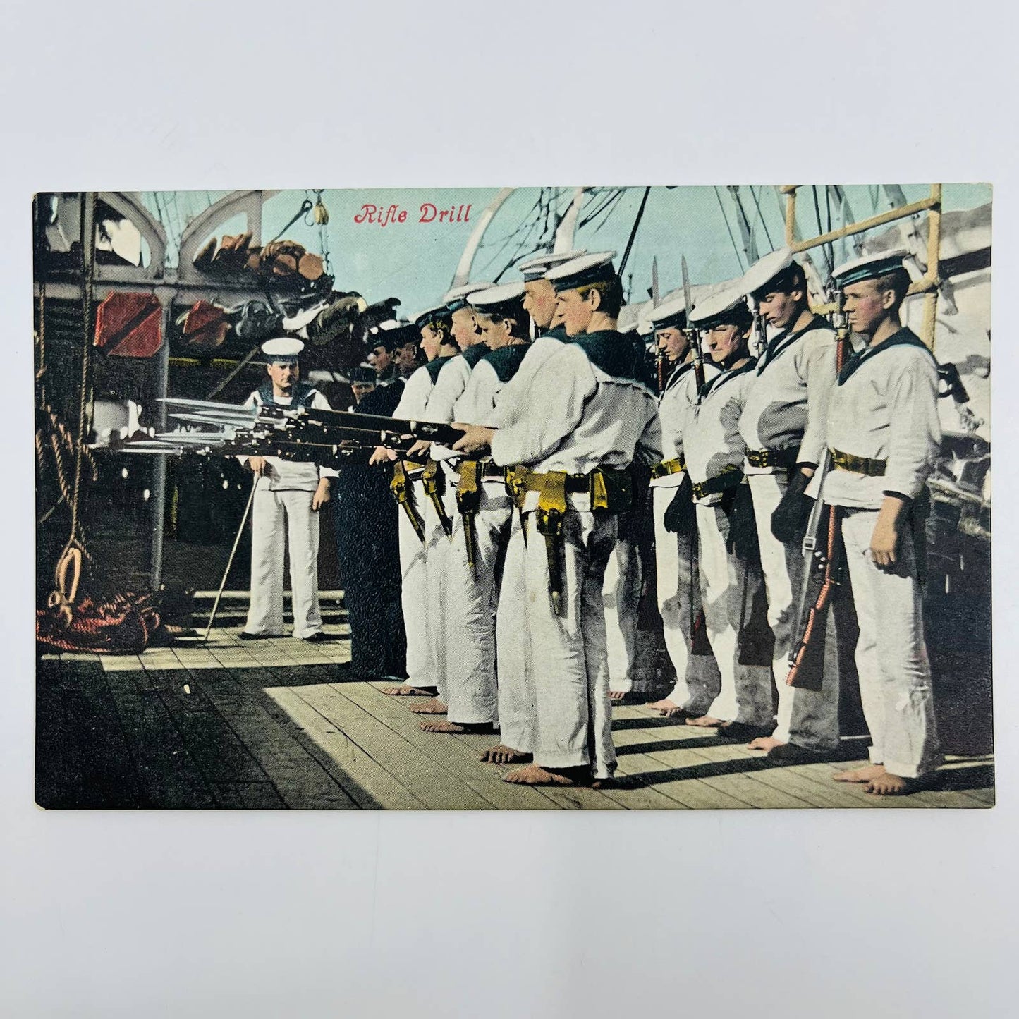 c1918 British Postcard WWI Naval Rifle Drill Sailors Barefoot PA9