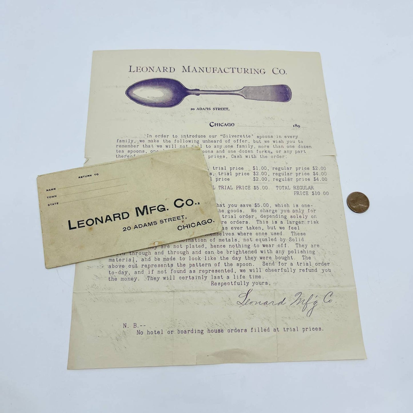 1890s Leonard Manufacturing Co. Silverware Letterhead & Envelope Chicago IL D3