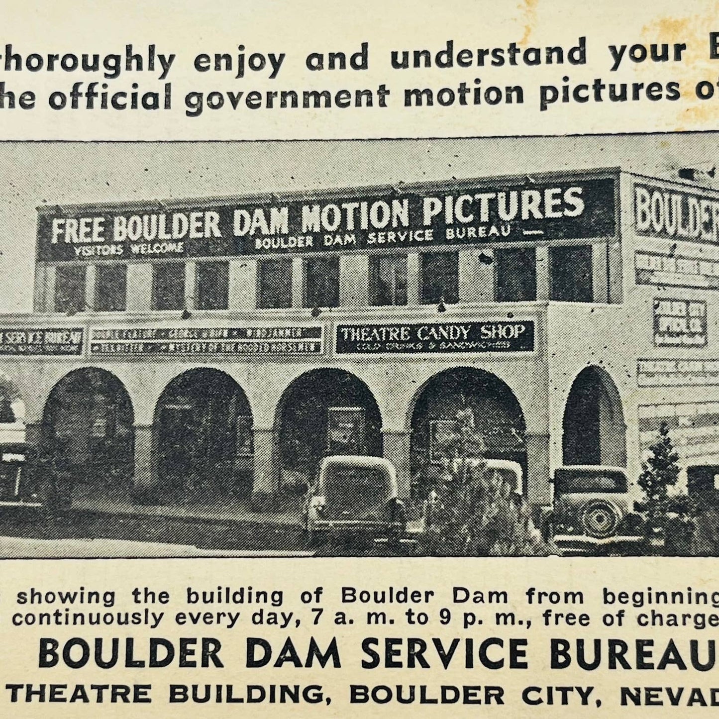 Boulder Dam Service Bureau Motion Picture Advertising Card Boulder City NV EA4