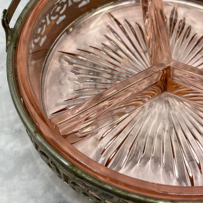 Vintage Pink Depression Glass Dish 3 Part Divided Starburst Silver Caddy 7” TB6