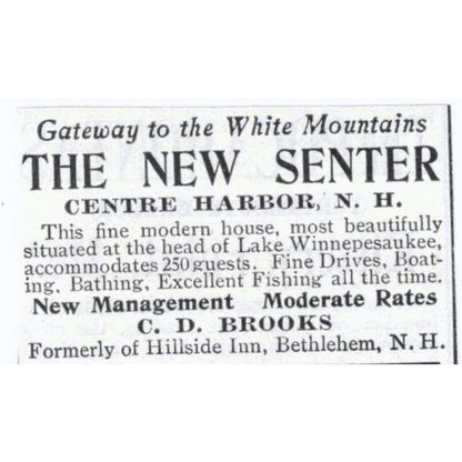 The New Senter White Mountains Centre Harbor NH C.D. Brooks - 1903 Ad TJ8-7-8