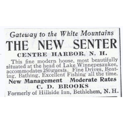 The New Senter White Mountains Centre Harbor NH C.D. Brooks - 1903 Ad AK5-S33