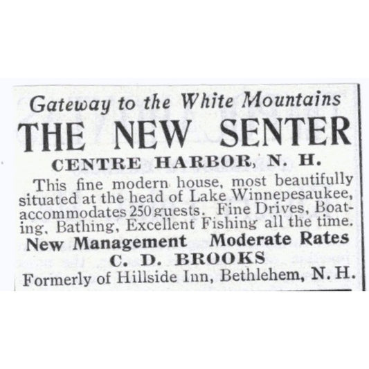 The New Senter White Mountains Centre Harbor NH C.D. Brooks - 1903 Ad AK5-S33
