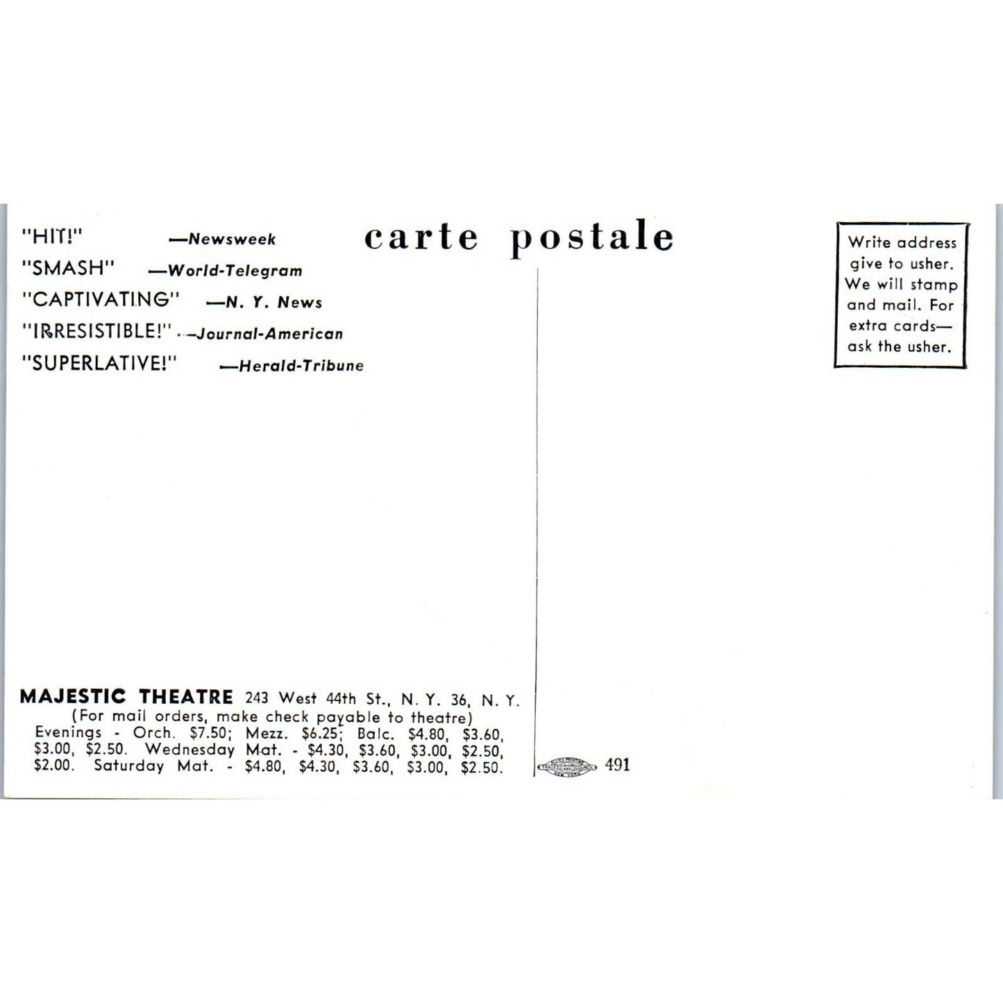 Fanny Broadway Musical Ezio Pinza Walter Slezak Original Postcard TK1-24