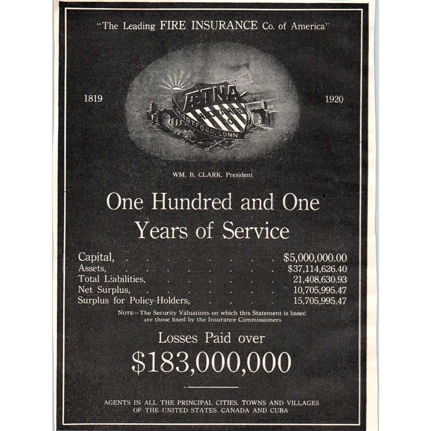 c1920 Harper's Magazine Ad - AEtna Fire Insurance Wm B. Clark TD8-H1