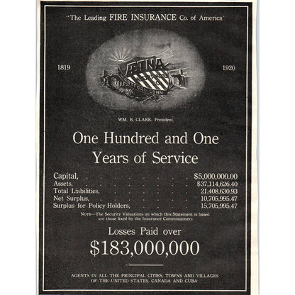 c1920 Harper's Magazine Ad - AEtna Fire Insurance Wm B. Clark TD8-H1
