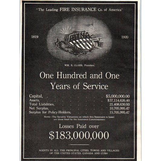 c1920 Harper's Magazine Ad - AEtna Fire Insurance Wm B. Clark TD8-H1