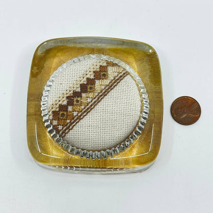 Vintage 1970s Style Earth Tone Cross Stitch Crewel Glass Paperweight TF3