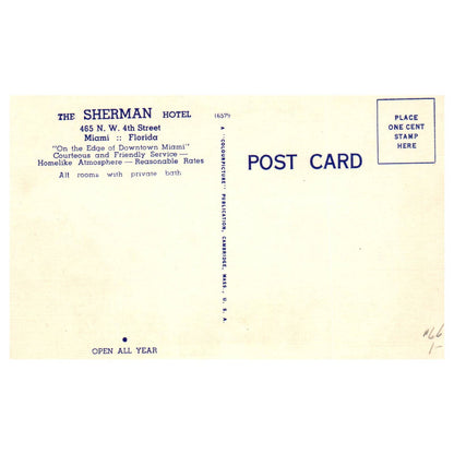 The Sherman Hotel Miami Florida - Postcard TJ8-1