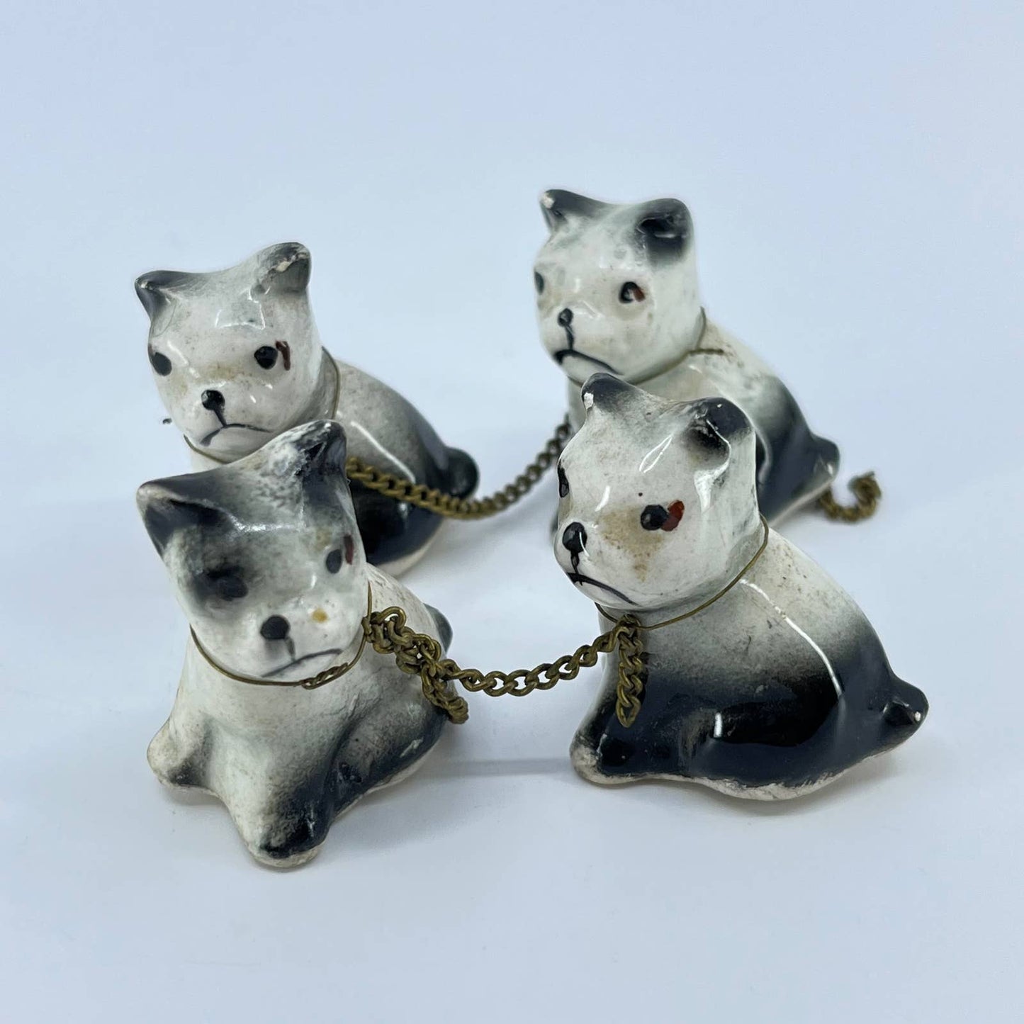 Vintage Set of 4 Porcelain Ceramic Painted French Bulldogs on Chain 1” SC8