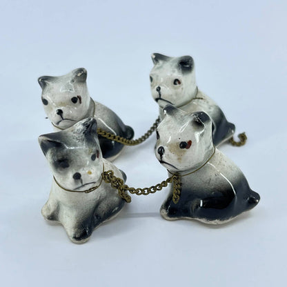 Vintage Set of 4 Porcelain Ceramic Painted French Bulldogs on Chain 1” SC8