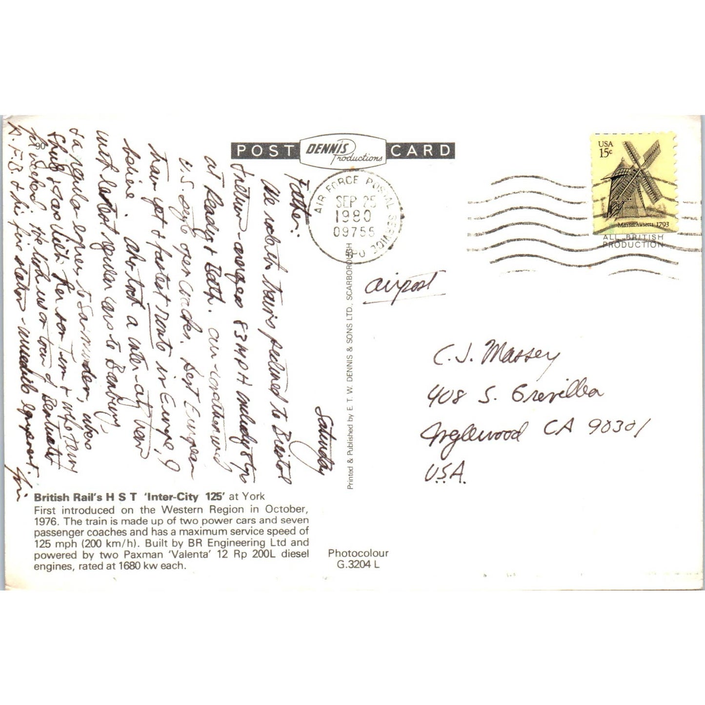 Vintage Postcard British Rail's H.S.T. Inter-City 125 Train SE8