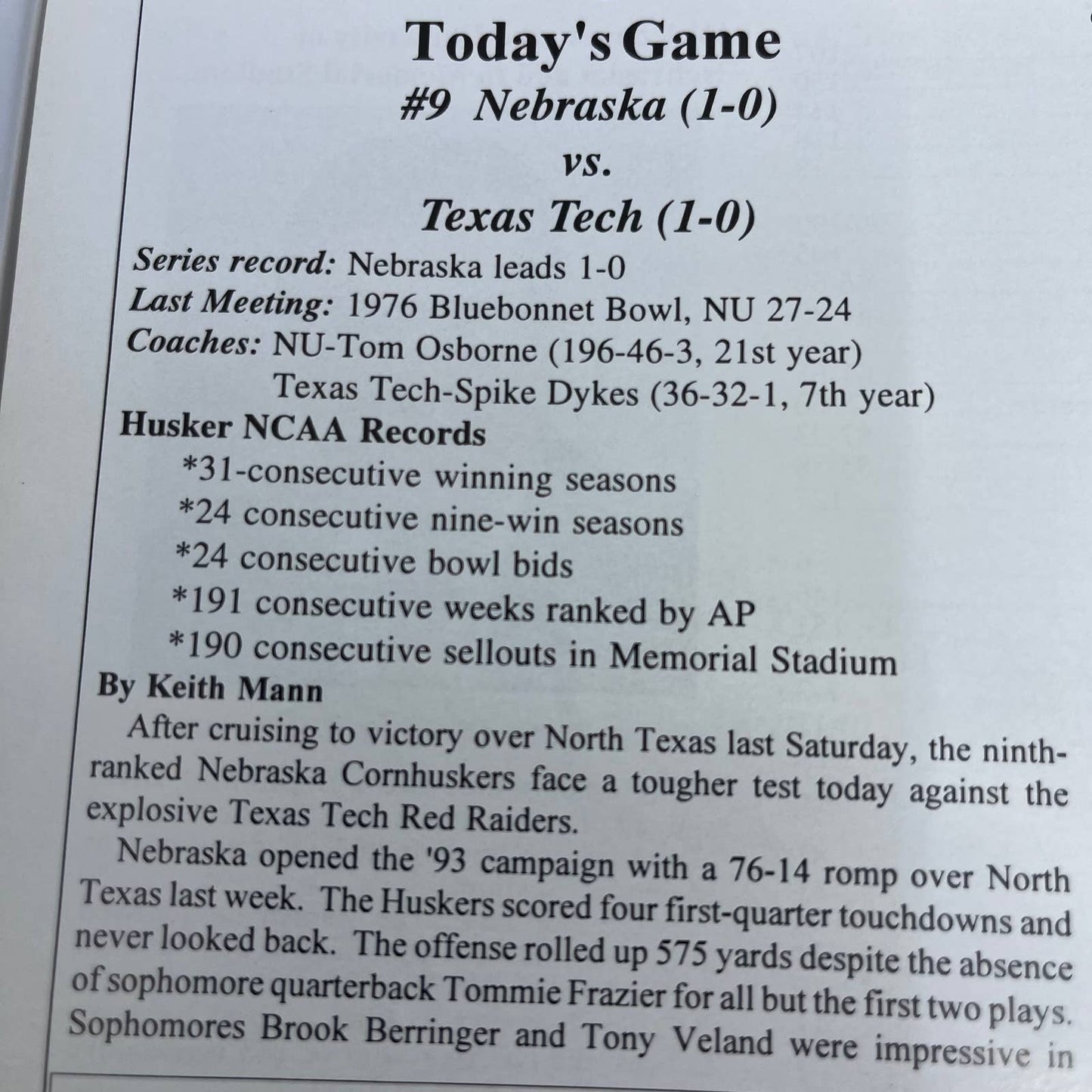 1993 Nebraska Cornhuskers vs. Texas Tech Gameday Football Program TH6