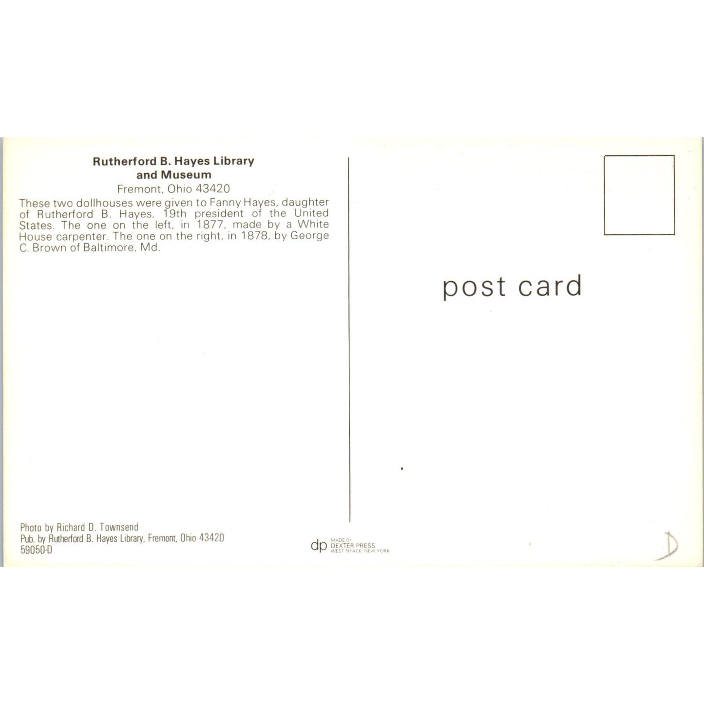 Rutherford B. Hayes Library & Museum Fanny Hayes Doll Houses Postcard PB4