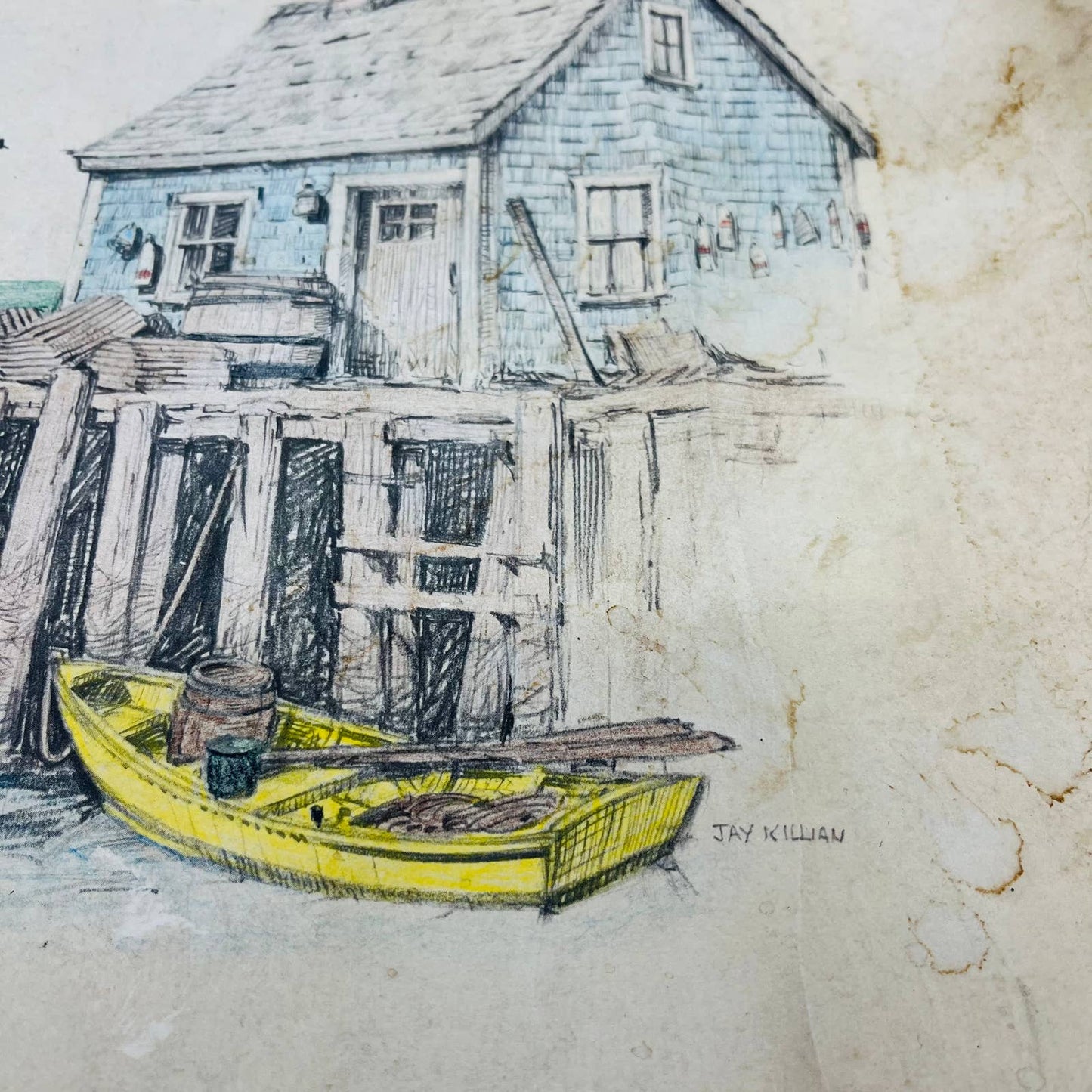 Vintage Original Sketch Pencil Drawing Red Fishing Boat Jay Killian 12 x 17 TD6