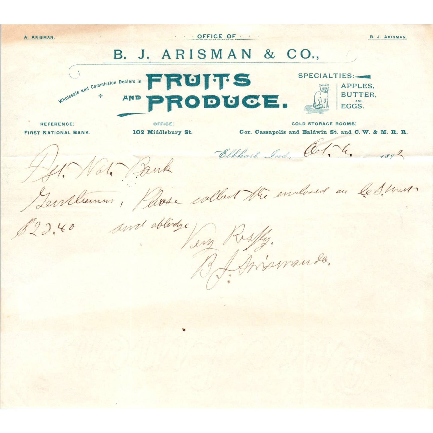 1892 B.J. Arisman & Co Fruits and Produce Letterhead Billhead Elkhart IN AD8