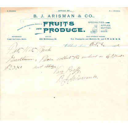 1892 B.J. Arisman & Co Fruits and Produce Letterhead Billhead Elkhart IN AD8