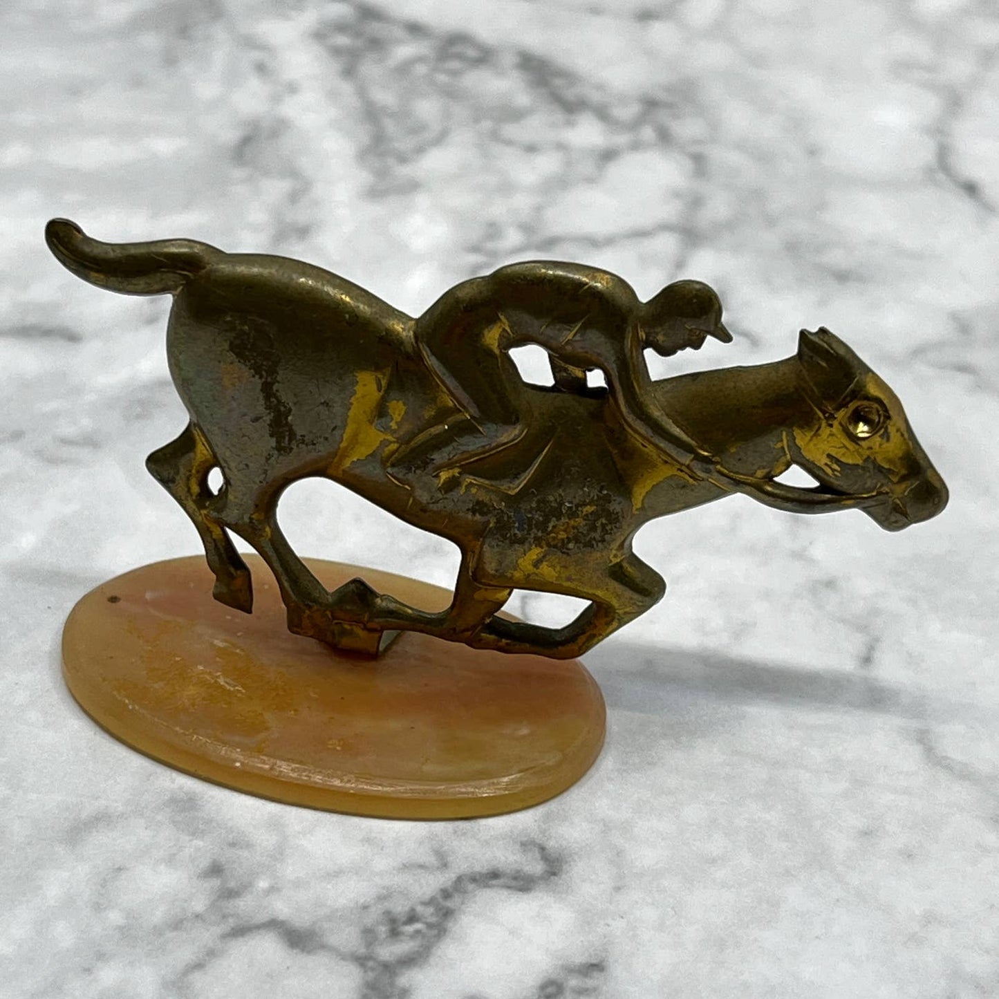 Vintage Brass Racehorse and Jockey on Celluloid Base 3” SE7