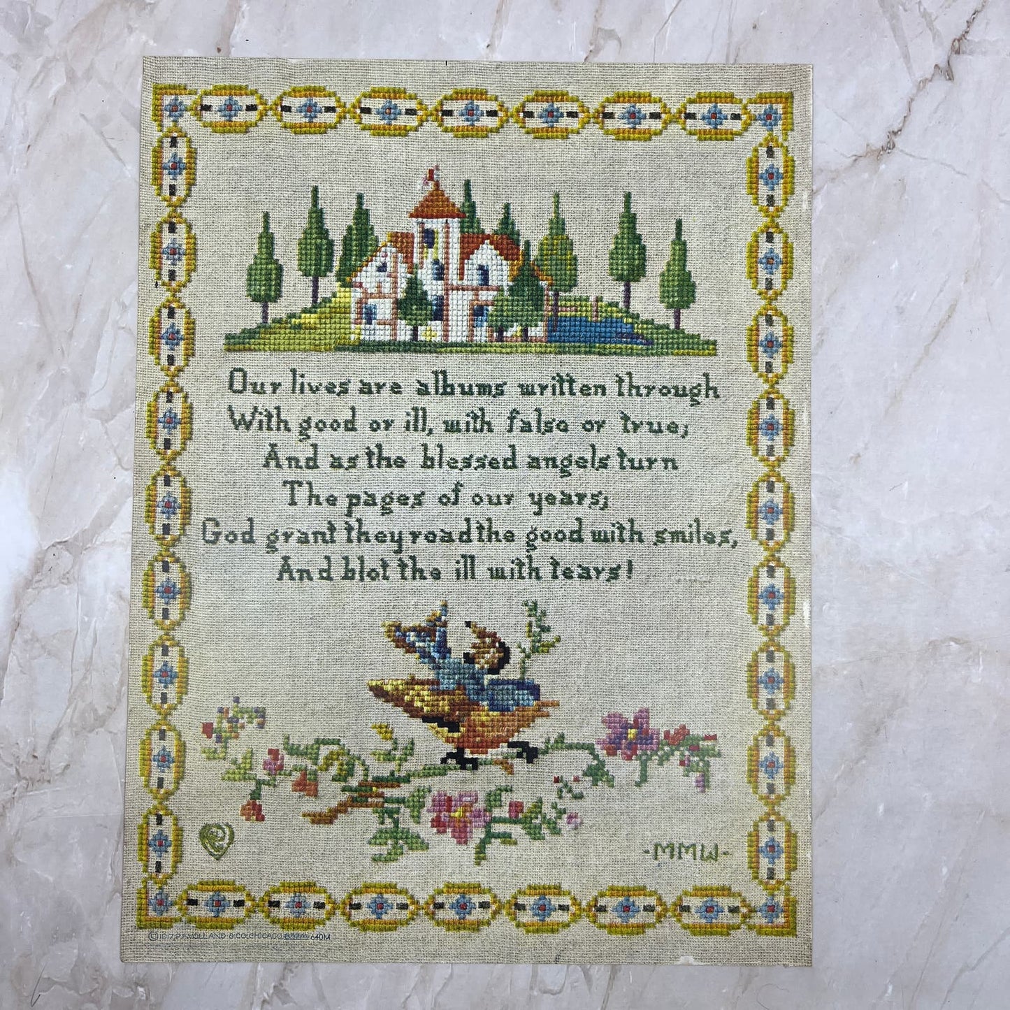 1917 Sampler Print PF Vollard Poem by Whittier "Our lives are albums..." 9x12 FL3
