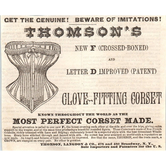 Thomson, Langdon & Co Glove Fitting Corset - Victorian Ad 1878 Original TJ7-L2