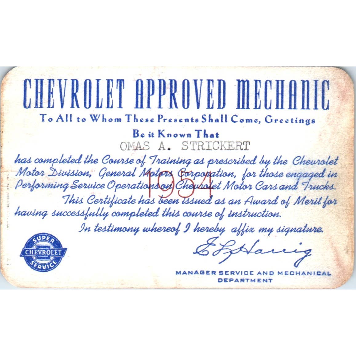 1954 Chevrolet Approved Mechanic Card - Omas A. Strickert SE4